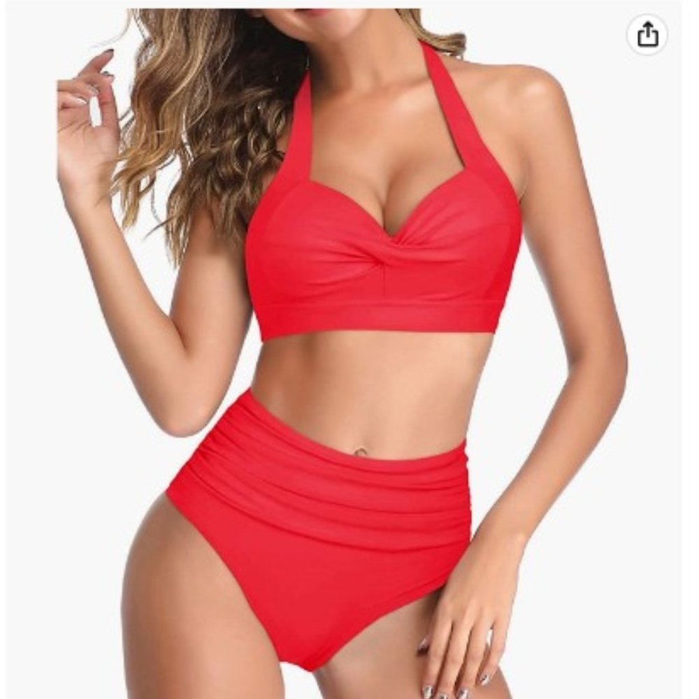 Tempt Me Women Two Piece Vintage Swimsuit Retro Halter Ruched High Waist Bikinib